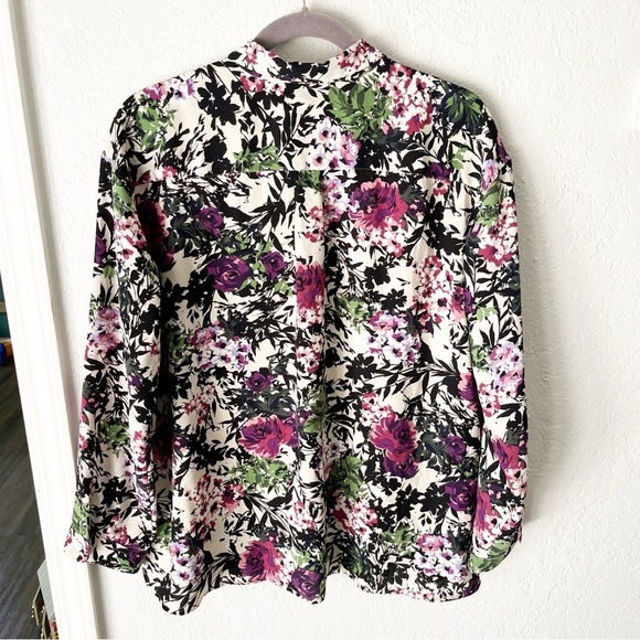 J. Jill Top Women's Large Petite LP Relaxed Shirttail Oatmeal Floral Office - Picture 2 of 10